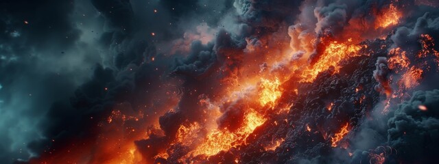 Volcanic eruption with vibrant flames and smoke. Wide angle aerial photography. Natural disaster and dramatic nature concept for design and print. Banner with copy space