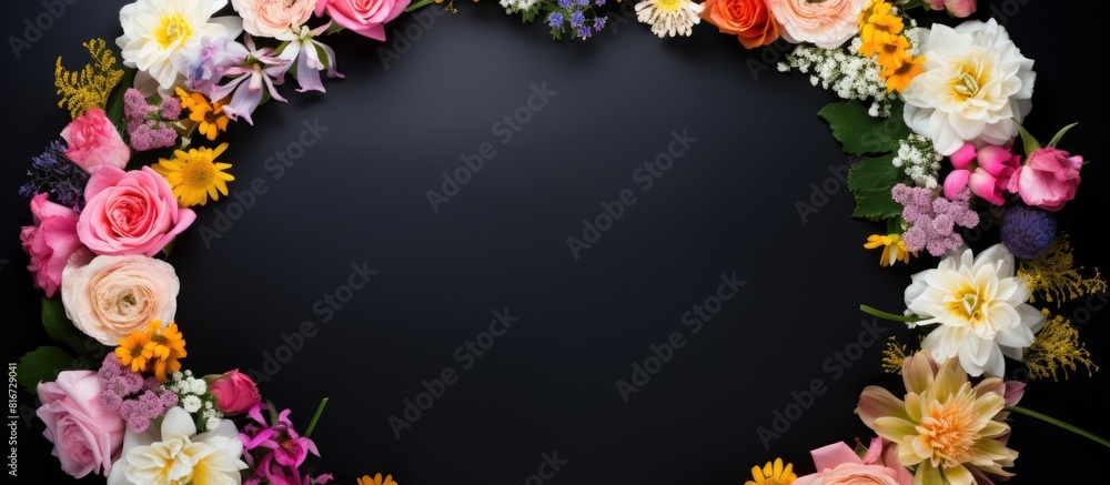 Poster White background flat lay with a round decorative frame of artificial flowers Copy space image for postcard or greeting card