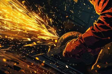 Man using grinder to grind metal, industrial concept