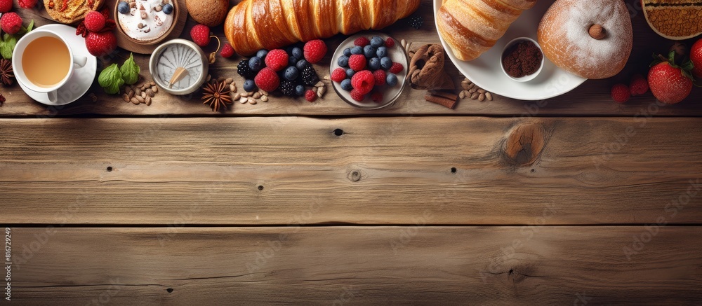 Poster top view of a kitchen table background showcasing a variety of breakfast items pastries and cakes pe