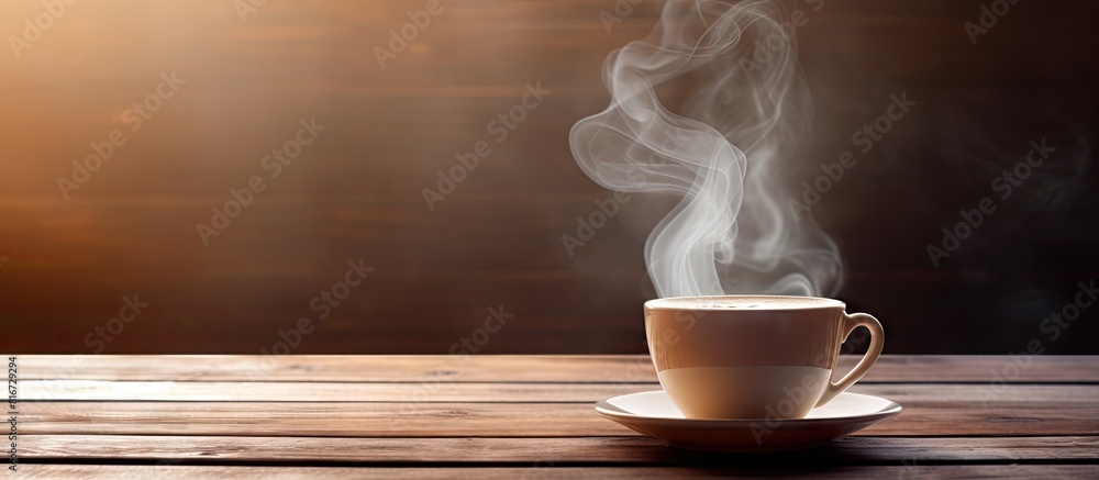 Poster A copy space image showcasing a steaming cup of tea placed on a wooden table