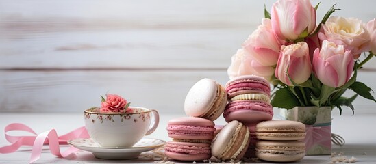 A copy space image showcasing an elegant arrangement of cake macarons in a gift box accompanied by flowers and a cup of tea on a light background This photo captures the essence of the sweets and dess © vxnaghiyev