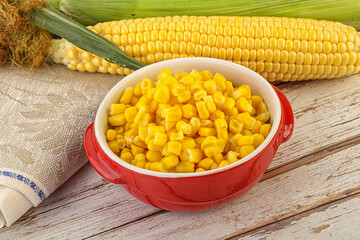 Canned yellow corn in the bowl