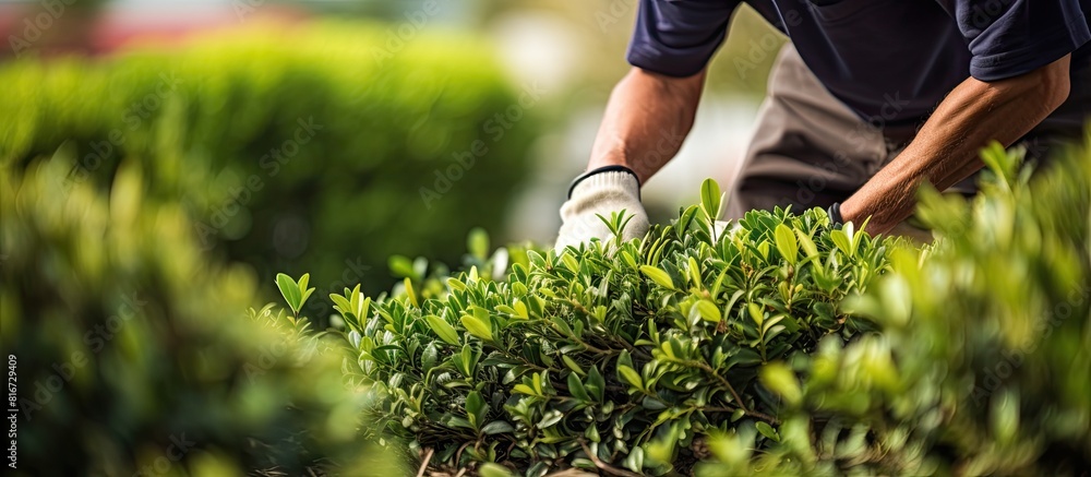 Poster a professional gardener carefully shapes a green shrub with garden scissors during routine landscape
