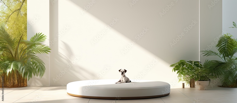 Aufkleber a white room with a garden background featuring an empty dog bed providing ample copy space for text