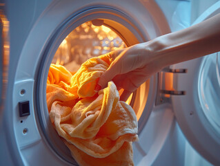 Loading Orange Towel into Washing Machine