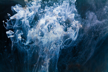 white Ink dropped into the water and photographed while in motion. Paint swirling in water.