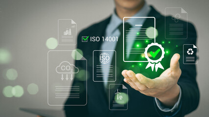 ISO 14001 concept. ISO standards quality control 14001 certified for environmental management systems (EMS). Identify, control and reduce the environmental impact of activities. Modern ISO banner.