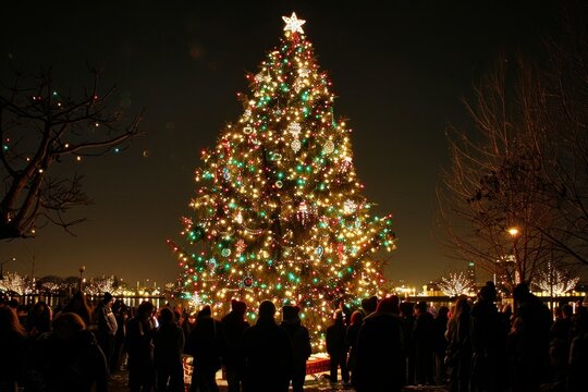 Gathered crowd admires a brightly lit and decorated christmas tree at night
