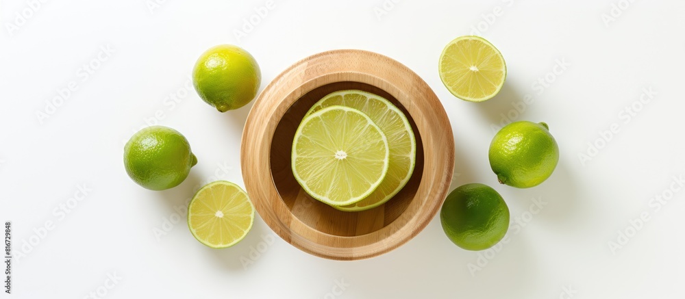 Poster A top down view of a wooden juicer and fresh limes on a white background providing ample copy space in the image