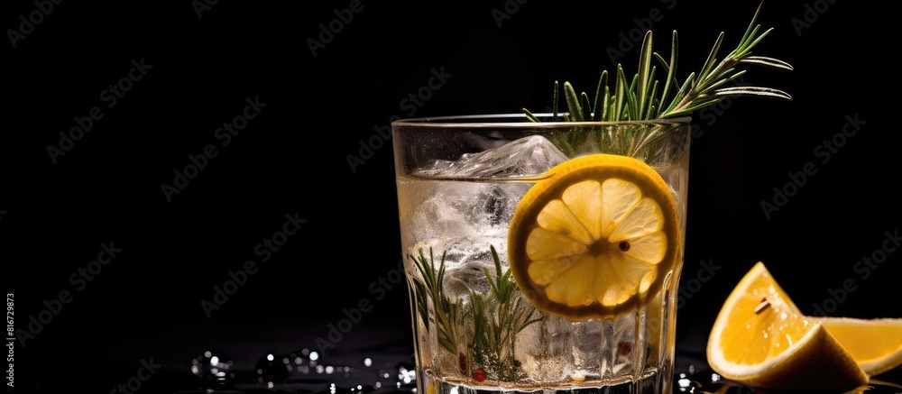 Aufkleber Refreshing cocktail featuring gin tonic ice lemon slices and rosemary garnish Served on a dark background with enough empty space for additional content