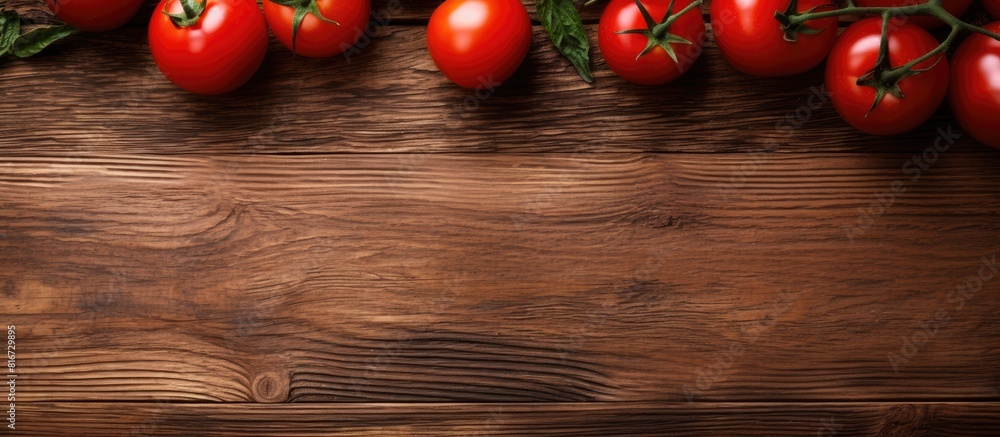 Poster top view of tomatoes on a wooden surface providing a copy space image for text