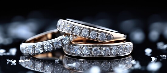 A stunning image of three diamond studded wedding rings displayed in a vibrant and captivating manner symbolizing the celebration of an engagement. with copy space image