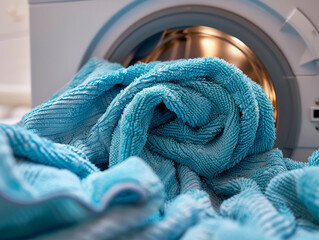 Close-Up of a Blue Towel in a Washing Machine