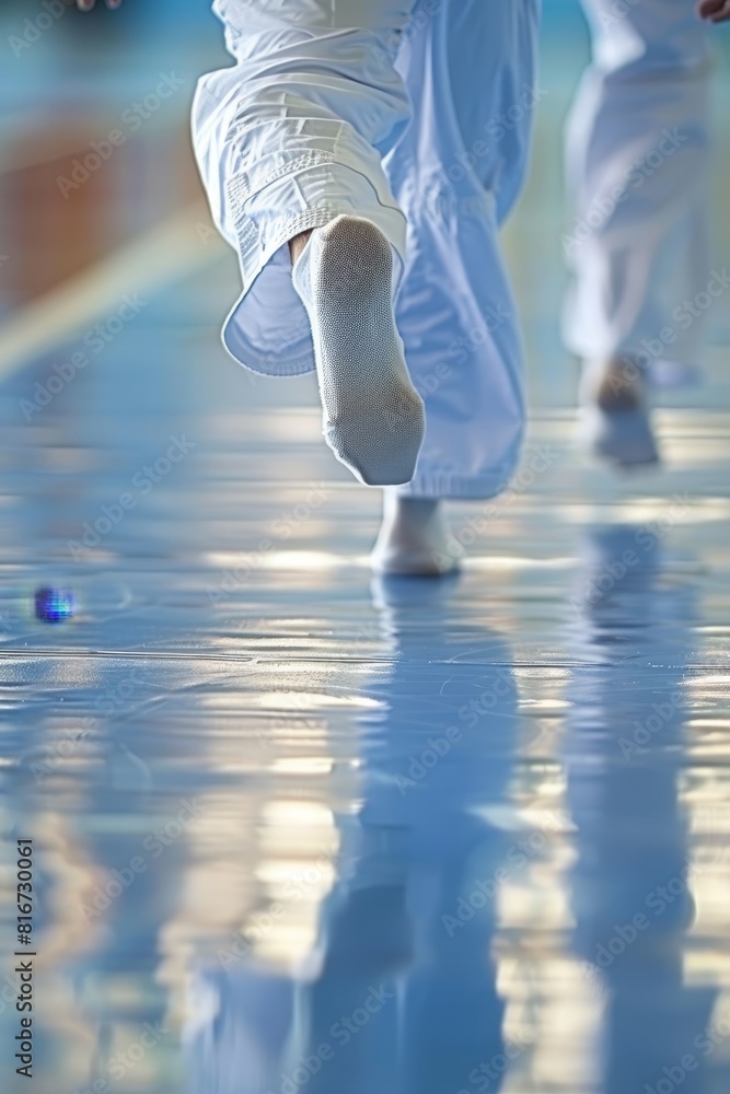 Poster dynamic taekwondo fighter executing roundhouse kick, emphasizing strength and flexibility