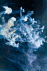 white Ink dropped into the water and photographed while in motion. Paint swirling in water.