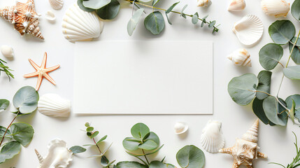 Composition with blank card eucalyptus branches seashell