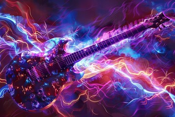 Obraz premium electric guitar made of jagged, neon shapes, set against a backdrop of abstract sound waves and lightning bolts, capturing the essence of rock.