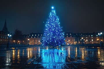 Majestic bluelit christmas tree glowing during a tranquil night in a city square with reflective...