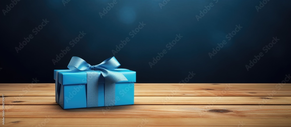 Poster on an empty wooden table there is a small blue gift box with ample copy space image available