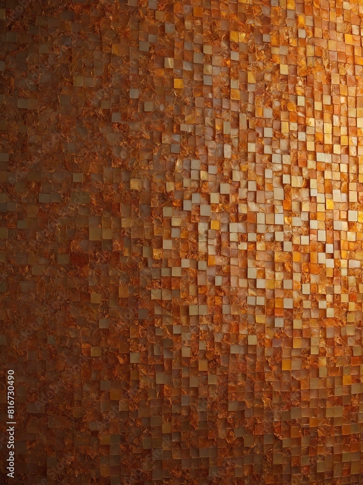 Poster wall adorned with mosaic pattern. pattern composed of small, square tiles that vary in shades of bro