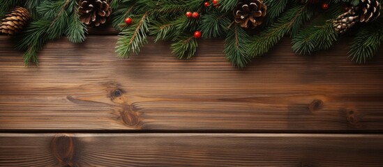 Fototapeta na wymiar Top view of a wooden background adorned with spruce branches Christmas toys and a spacious area for adding an image or text Perfect for holiday greetings. with copy space image