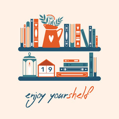 Happy Birthday to bookworm, book lover. Cute illustration with bookshelf, stack of books, plants. Enjoy yourshelf. Creative clip art for sticker, banner, card, poster. Flat design.	
