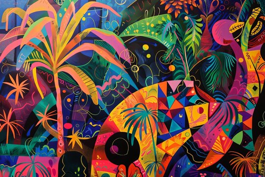 intricate tapestry of interconnected shapes and patterns depicting the complex rhythms and soulful melodies of reggae, with abstract palm trees and steel drums and jamaican colors