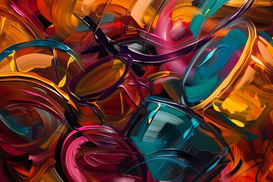 abstract, swirling blend of vibrant colors and rhythmic shapes representing the lively and spirited nature of salsa music, with hints of congas and timbales