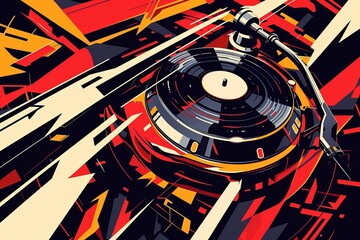 Obraz premium Bold, sharp lines and contrasting colors forming the image of a turntable and vinyl records, conveying the urban and rhythmic vibe of hip-hop