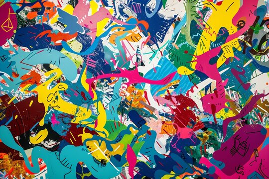 abstract explosion of colorful, swirling patterns representing the chaos and creativity of punk music, with hints of safety pins and anarchy symbols