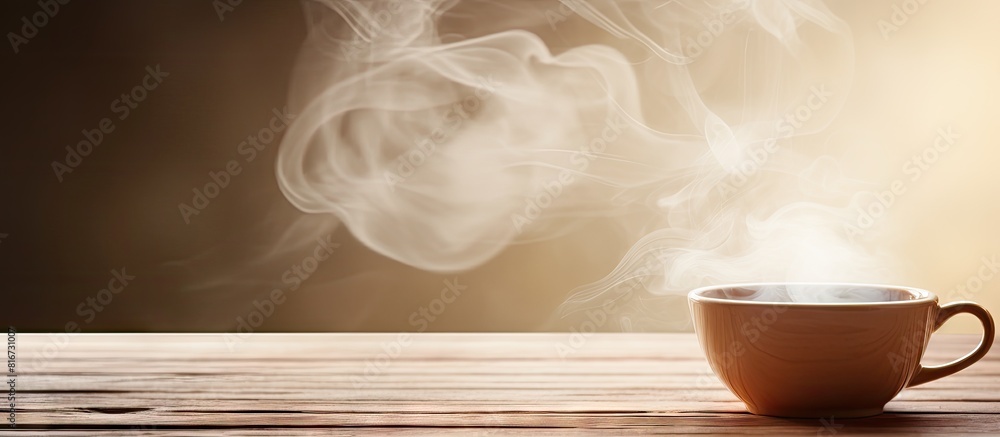 Aufkleber A copy space image showcasing a steaming cup of tea placed on a wooden table