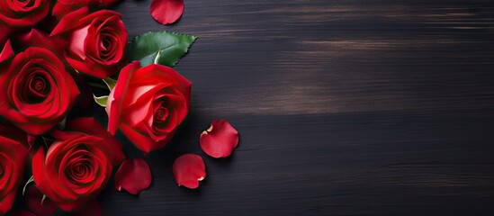 Top down view of a creatively composed Valentine s Day background featuring a vibrant red rose Ample copy space is available for your text Flat lay image