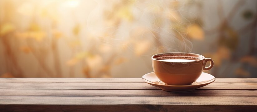 Relaxing cup of tea on a wooden table with light texture Represents relaxation holidays and weekends Copy space image