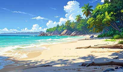 a painting of a beach with a palm tree and the sun in the sky