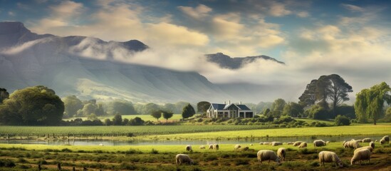 A serene scene of sheep peacefully grazing in front of a picturesque Cape Dutch wine farm in Constantia Cape Town The copy space image showcases the tranquility of rural life