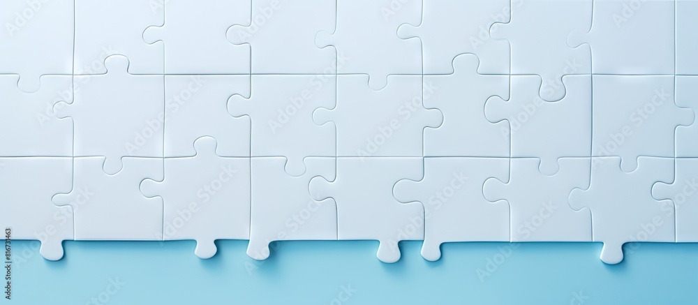 Poster A copy space image of a white puzzle with a missing tile set against a backdrop of light blue color