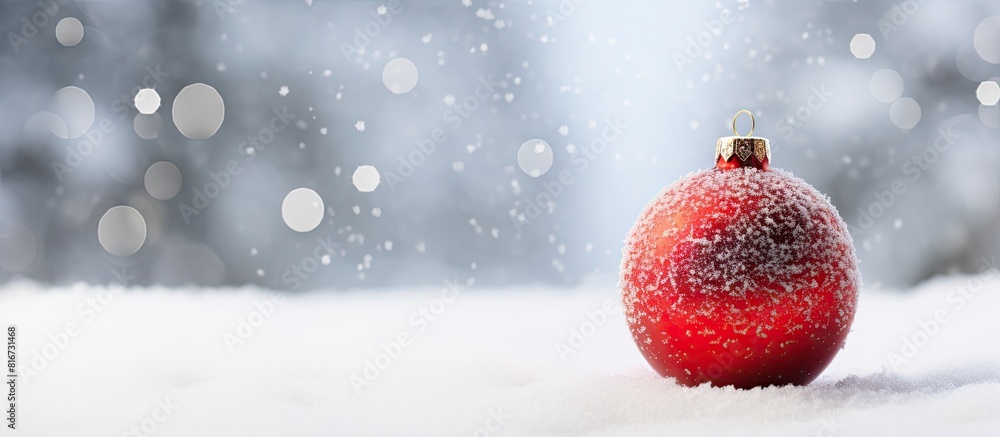Aufkleber A red Christmas ball rests in the snow beside a branch of a Christmas tree set against a snowy background. with copy space image. Place for adding text or design