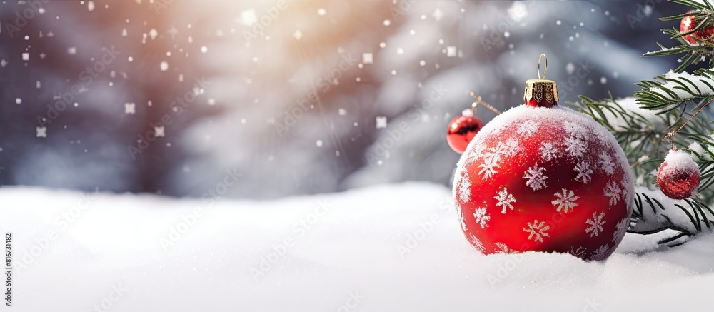 Aufkleber A red Christmas ball rests in the snow beside a branch of a Christmas tree set against a snowy background. with copy space image. Place for adding text or design