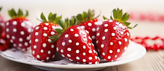 A copy space image of Strawberry Santas on a red and white polka plate is placed on a white wood table adorned with a Happy Holidays gift tag These festive treats are perfect for a fun and cute Chris