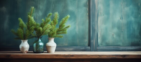 Copy space image of spruce branches elegantly arranged in vases against a rustic wooden windowsill