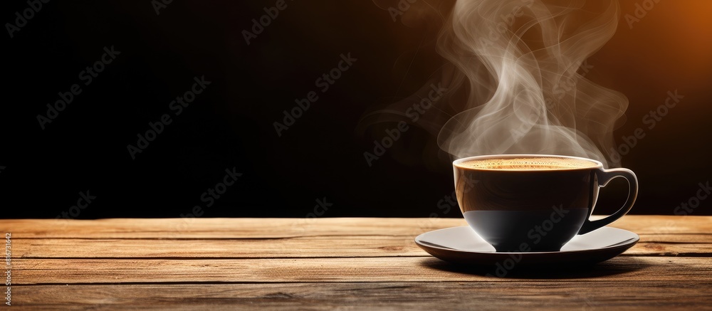 Wall mural Copy space image of a steaming cup of Americano coffee placed alone on a wooden table