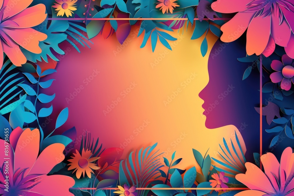 Wall mural close-up portrait of a woman's face with floral and leafy background. ideal for beauty and nature co