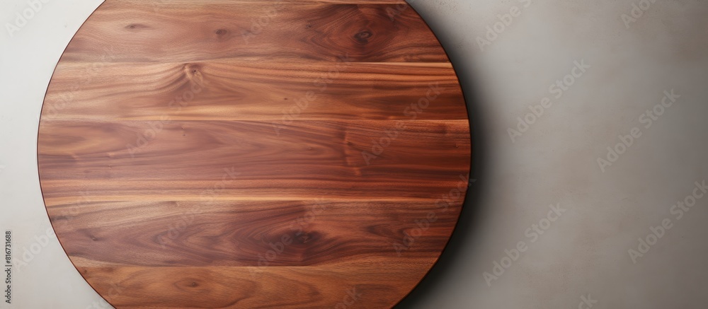 Poster There is a wooden pizza platter placed on a white stone kitchen table The table is seen from a top down perspective and the image provides enough space for adding text or other elements