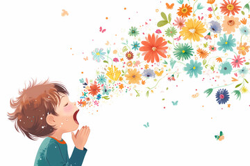 Fototapeta premium illustration of a boy singing and flowers flowing out of his mouth on a white background with copy space