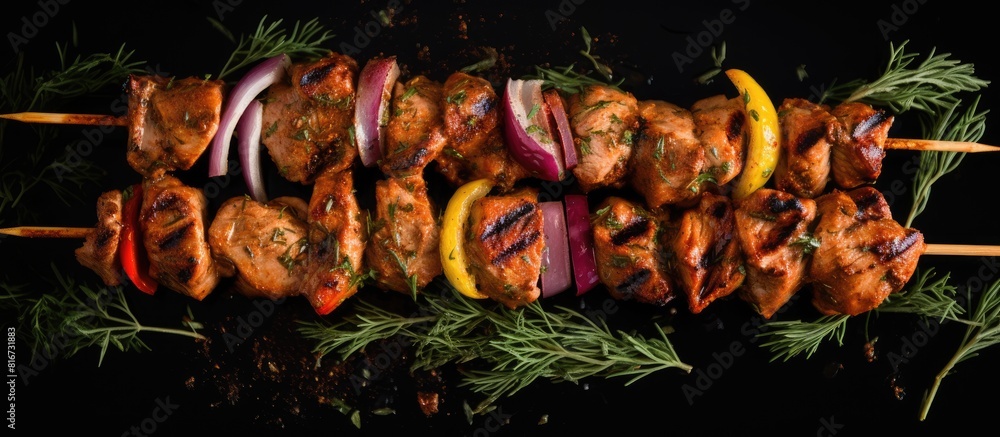 Poster top view copy space image of raw chicken meat shish kebab skewers displayed on a black background