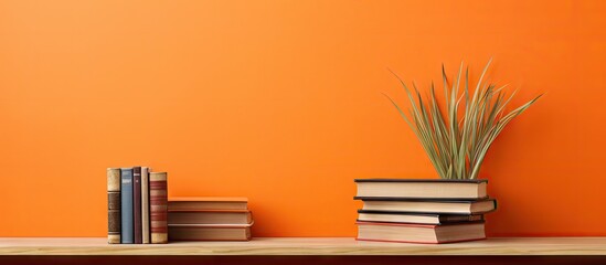 A wooden table with opened hardback books set against an orange rattan background creates a vibrant educational setting with a back to school theme Ample copy space is available for text