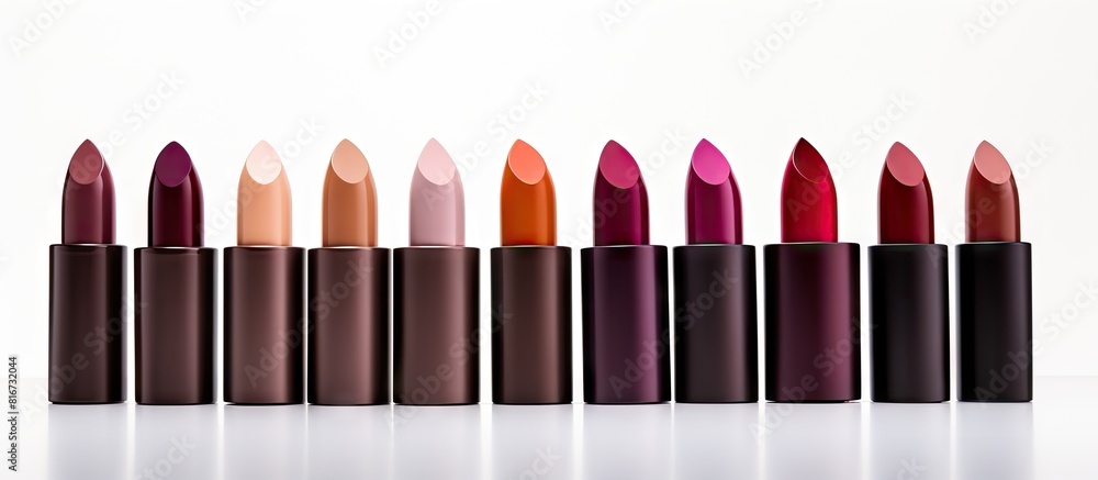 Poster A range of lipstick shades varying from light to deep colors with a smooth texture The lipstick is placed on a white background creating a copy space image