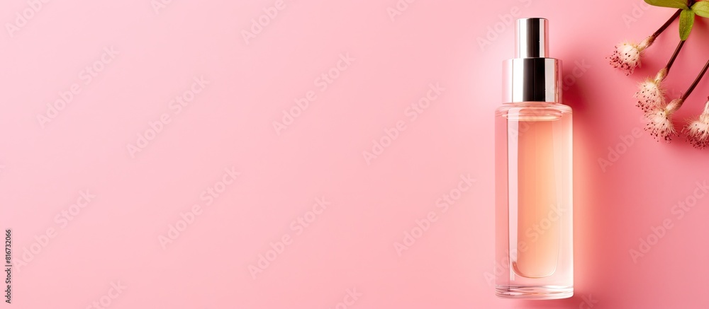 Poster Top down view of a cosmetic serum placed on a pink background creating an ideal copy space image for text placement