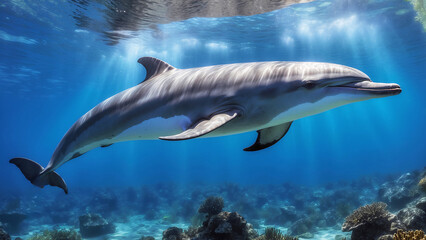 Fototapeta premium Happy Cute Dolphin Swimming In Its Natural Habitat Looking For Food Underwater Photography Style 300 PPI High Resolution Image